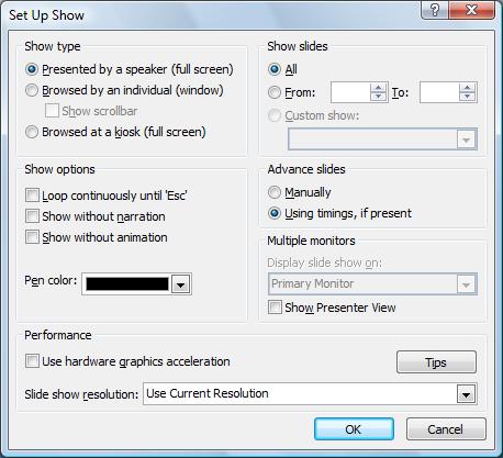There are six groups of options in the Set Up Show dialog box: Show type - whether the show is to be presented by a speaker, browsed by an individual, or browsed at a kiosk Show slides - you can
