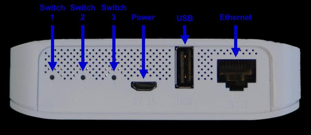 EAGLE-200 Hardware Ports On the back of the EAGLE-200 there are three interface ports and three switches. From right to left, these are: Ethernet The included Ethernet cable plugs into this socket.