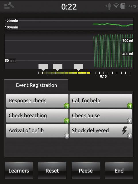 BLS Instructor Mode Event Registration Register Events including Response Check and Call for Help during a session. These events are displayed in the timeline and stored in the session.