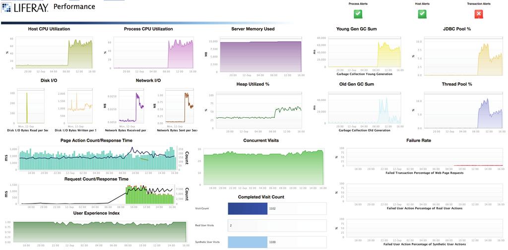 The Liferay Process Performance dashboard monitors process CPU health, heap/gc utilization, the impact of GC on response times, and JVM/Liferay Thread pools.
