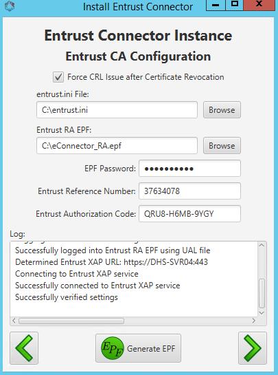 3. Browse to location of entrust.ini file and where the user wants the Entrust RA EPF to be created. Enter EPF password, and supply the Entrust Reference Number and Authorization Code.