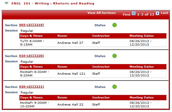Class Search Results Notice that when a class is presented, only three sections will initially display.