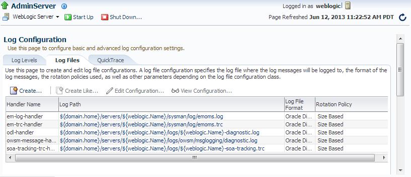 Configuring Log Files for a Web Service Figure 7 3 Current Log Files 4.