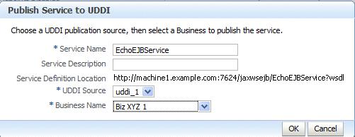 Publishing Web Services to UDDI Figure 9 9 Publish Service to UDDI Dialog Box 5. Click OK to connect to the external UDDI registry and register the Web service.