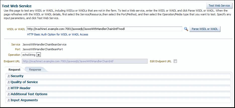 Using the Test Web Service Page in Fusion Middleware Control 1. Access the Test Web Service page using one of the methods described in Section 5.3.1, "Accessing a Web Service for Testing." 2.