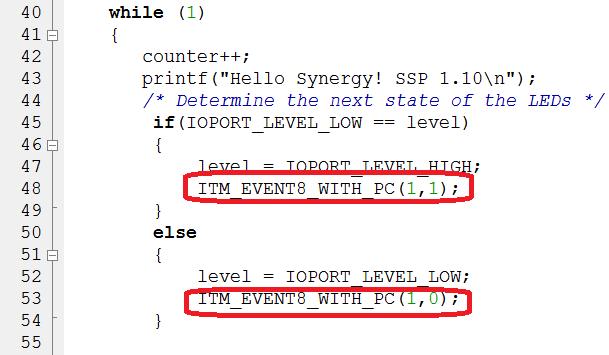 2. Add a second ITM event ITM_EVENT8_WITH_PC(1,0); when the IOPORT level is low in line 53.