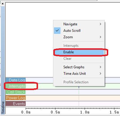 4. In the Timeline window, enable the Interrupt Log. Figure 27 Timeline window, Interrupt Log 5. Run (Go) the application. 6.