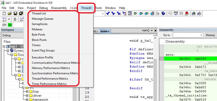 3. Notice that there is a new ThreadX menu available in your debug session. 4. Open the ThreadX > Thread List window. Figure 33 ThreadX menu Figure 34 Showing ThreadX List window 5.