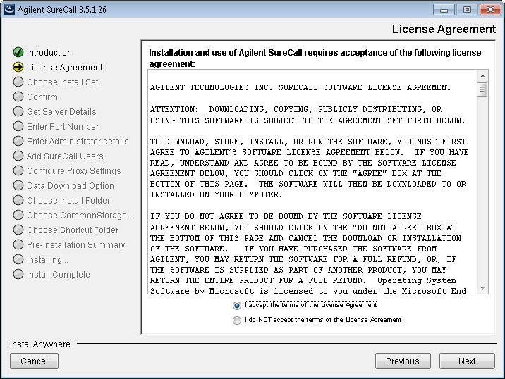 2 Installation of SureCall 3.5 for Windows Software Upgrade Instructions Upgrading SureCall on client computers Figure 45 License Agreement screen Windows 9 Read the license agreement.