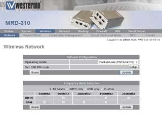 3.1 Network Configuration The Wireless Network options are used to set the operating mode, select the frequency band of operation and set the SIM PIN.