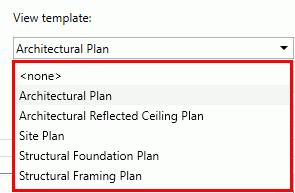 The drop-down menu lists all the templates loaded in the Revit file, allowing the user to easily generate views based on specific templates, which increases efficiency when dealing with specific