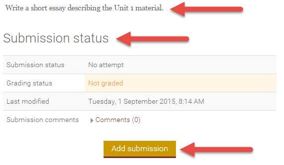 This will take you to the assignment page. Here you will see your instructor s directions for the assignment, the Submission status table, and the Add Submission button.