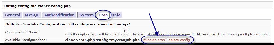 Appendix Execute a cron job from within XCloner Go to Administration Configuration. Clik the Cron tab. To execute a cron job from the cron tab, click execute cron.