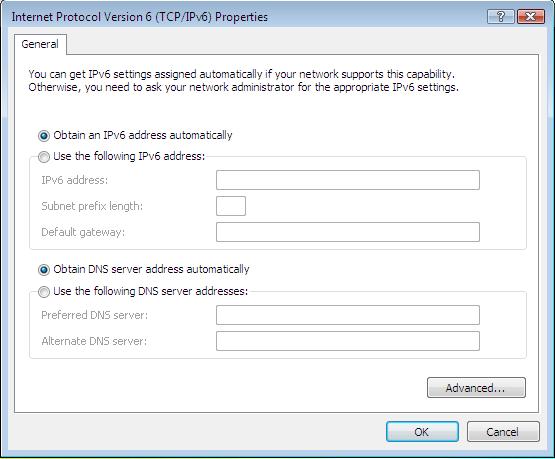 PC Configuration 5. Ensure your TCP/IP settings are correct. Using DHCP Figure 25: TCP/IP Properties (Windows Vista) To use DHCP, select the radio button Obtain an IP Address automatically.
