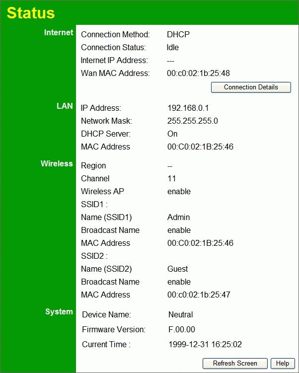 Wireless Router User Guide Data - Status Screen Internet Connection Method Connection Status Internet IP Address Figure 41: Status Screen Displays the current connection method, as set in the Setup