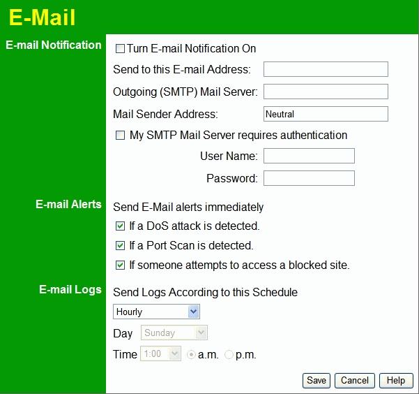 Wireless Router User Guide E-Mail This screen allows you to E-mail Logs and Alerts. A sample screen is shown below.