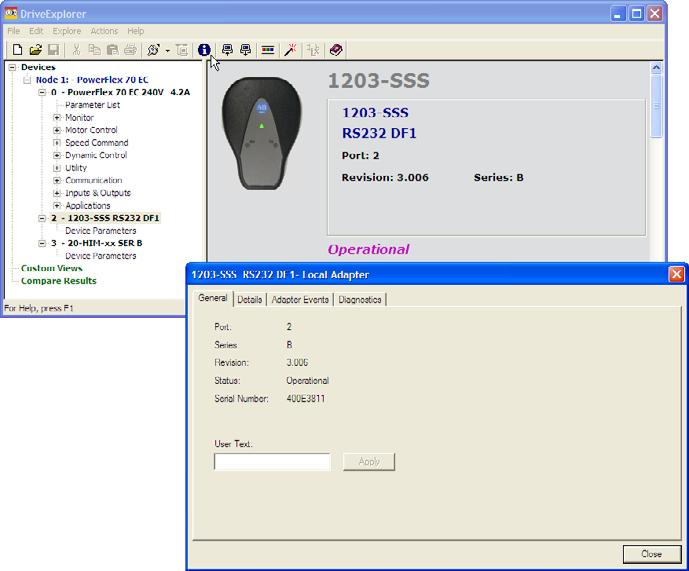 1203-SSS Smart Self-powered Serial Converter Firmware v3.007 3 Using DriveExplorer Lite/Full 1. Launch DriveExplorer and go online with the drive that is connected to the 1203-SSS converter. 2.