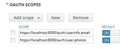 Manage OAuth 2.0 client applications Note The example default scopes provided with the API Gateway are URL-based.