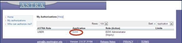 Click Show me my authorizations: 3. Your access level will be displayed. 4. Look under the application column. You have access to Enterprise Data Warehouse data if you see EDW listed.