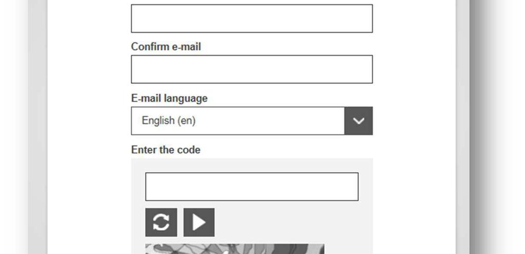 next field to confirm the address), "E-mail language" and "Code".