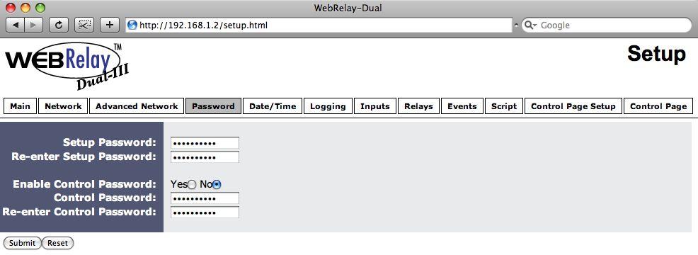 2.4.4 Password Tab The WebRelay-Dual requires a password to log into the setup pages. The password can be changed on this page.