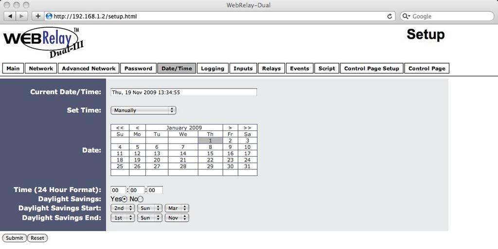 2.4.5 Date/Time Tab The WebRelay-Dual uses the time for scheduled events, such as turning the relays on or off at scheduled times and for logging (a time stamp is included with each logged event).