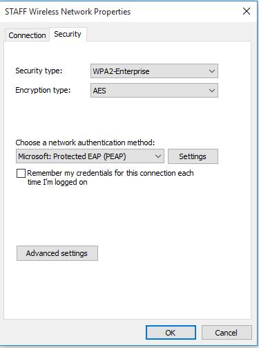 1.7 Under the Security options: Ensure Security type is set to WPA2-Enterprise. Ensure Encryption type is set to AES.