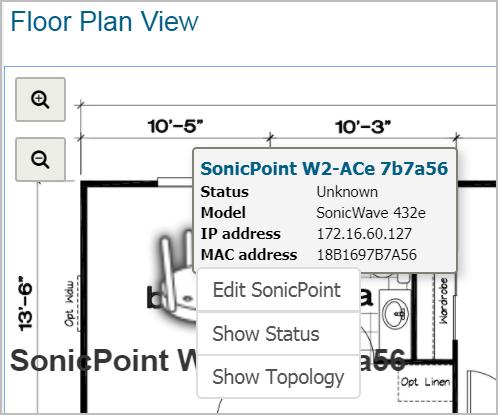 View. The Context Menu is accessible by right clicking on the SonicWave or SonicPoint device (top ellipse) icons as shown below: Select Show Topology.