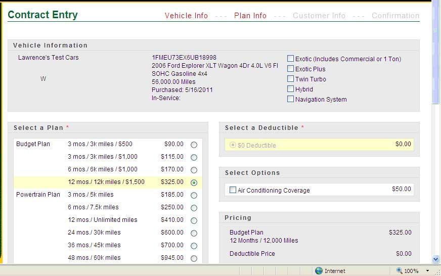 Select a coverage plan and any optional surcharges from the Plan Info page (see below).