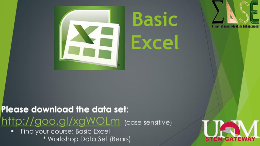 Welcome to Basic Excel, presented by STEM Gateway as part of the Essential Academic Skills Enhancement, or EASE, workshop series.