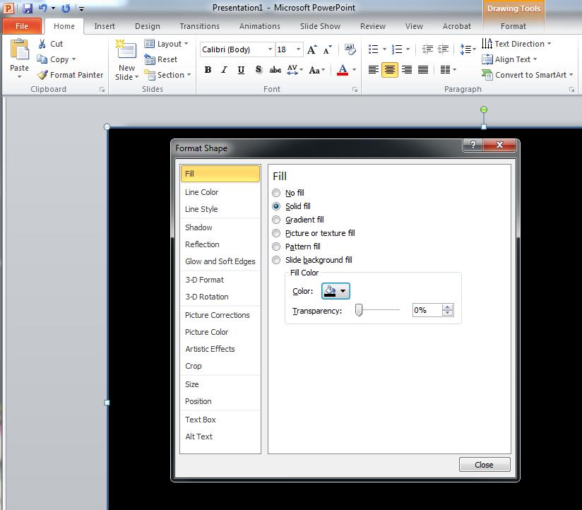 OPTION: In the Format Shape dialog box, select Fill > Solid Fill.