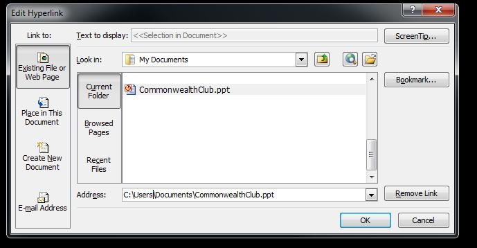 In the Link to: section on the left side of the dialog box, choose Existing File or Web Page.