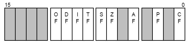 Processor's flag register OF (ang. overflow) overflow for two's complement (signed) numbers, DF (ang. direction flag) sets the direction for string operations, IF (ang.