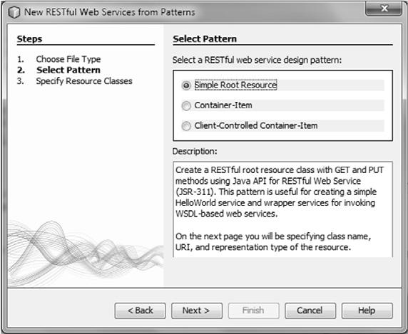 Probably you will need also a class to represent the resource that the service will access RESTful Services 13 in the last version of Netbeans this screen is not generated, assuming a default path of
