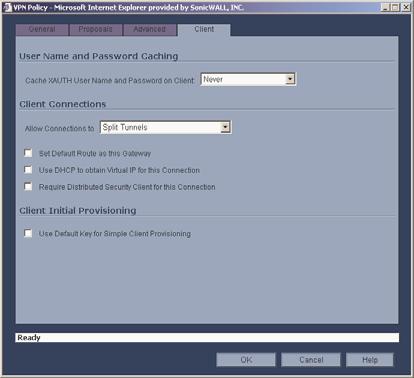 Client 5. Click the Client tab, select any of the following settings you want to apply to your GroupVPN policy.
