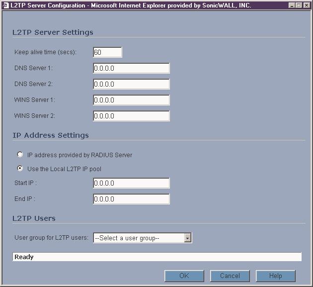 L2TP Server Settings Configure the following settings: 1. Enter the number of seconds in the Keep alive time (secs) field to send special packets to keep the connection open. 2.