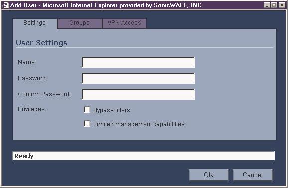 User>Local Users Add local users to the SonicWALL internal database. Click Add User to display the Add User configuration window. Follow the steps below to add users locally. Settings 1.