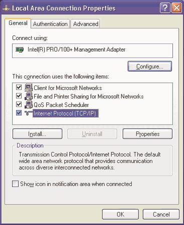Windows XP 1.Open the Local Area Connection Properties window. 2.Double-click Internet Protocol (TCP/IP) to open the Internet Protocol (TCP/IP) Properties window. 3.