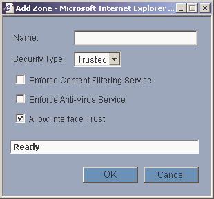 Adding a New Zone To add a new Zone, click Add under the Zone Settings table. 1. Type a name for the new zone in the Name field. 2. Select Trusted or Public from the Security Type menu.