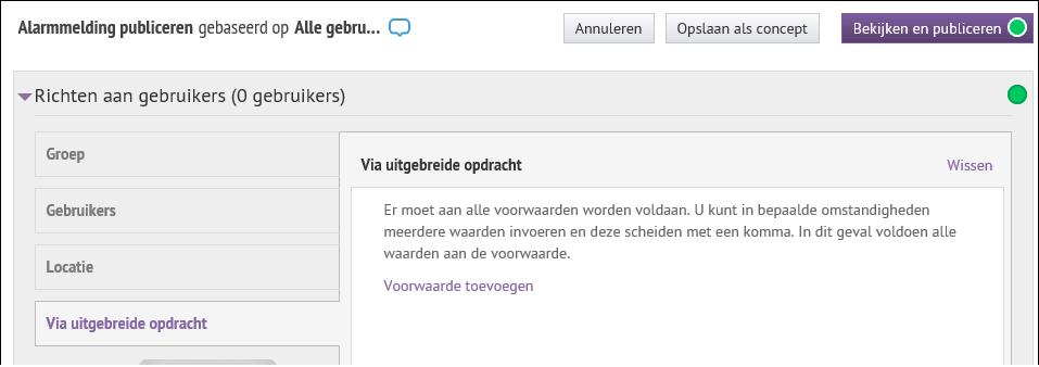 The following image shows the Target Users section of an out-of-the-box alert template localized for the Dutch (Netherlands) locale. Date/time default formats.