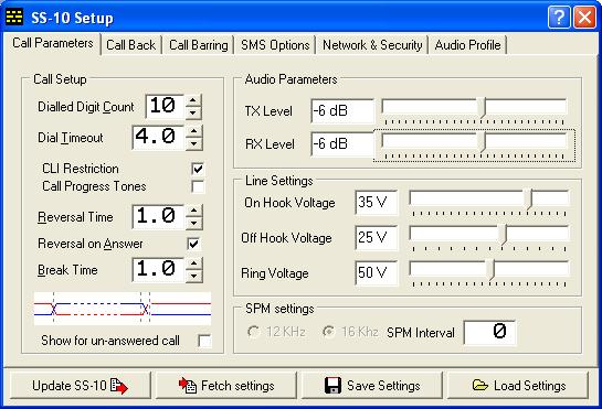 7.2 CALL PARAMETERS Call Parameters: Click on SETUP to start with the setup of the SS-10 3G. Call setup, Audio and Line levels can be changed in this window.