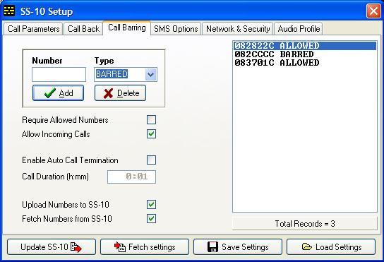 7.4 CALL BARRING Call Barring: Calls can be barred or allowed Enter the first digits of the number needed to recognise the number type. Select the Type as BARRED or ALLOWED.