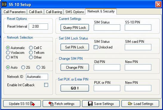 7.6 NETWORK Network: Select the required Network and Reset Interval if needed. Manage SIM security. Network Selection Enable Int.