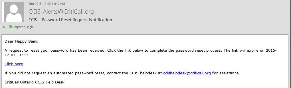 5. Locate the email which is sent to you by CCIS-Alerts@CritiCall.org with the subject CCIS Password Reset Request Notification. Click on the Click Here link.