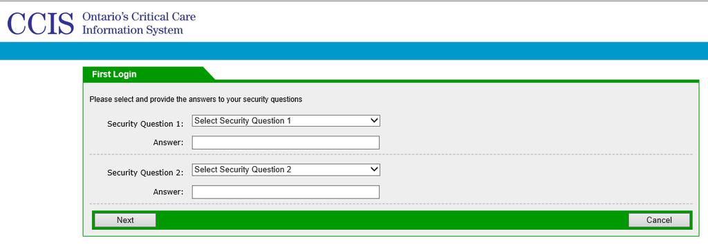 2. This will bring you to the Security Question and Answer Screen in the CCIS Portal. Here, you are required to select and provide responses for two security questions.