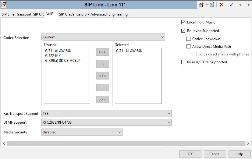 Select the VoIP tab. Select only codec G.711 ULAW 64K as configured on FAXCOM. Check Re-invite Supported.