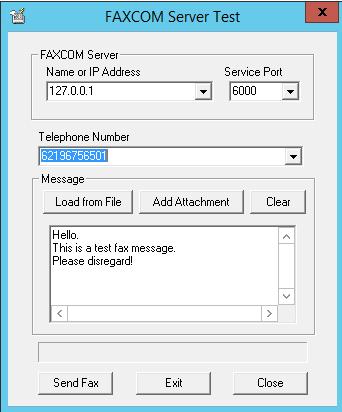Address of the FAXCOM Server itself and the default TCP port number prefilled.