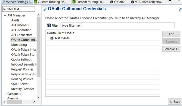 4 API deployment Configure the custom routing policy using OAuth in API Manager When the custom routing policy and OAuth outbound credentials have been added in Policy Studio, perform the following