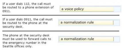 Answer: Box 1: A voice policy Box 2: a normalization rule Box 3: a normalization rule Note: * Normalization rules define how phone numbers expressed in various formats are to be routed for the named
