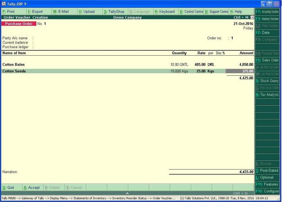 4. A new purchase order screen with identified stock items & Billed Qty is Filled Up with